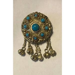 Vintage Silver Tone Tribal Handmade Pendant Dangle Bells Turquoise